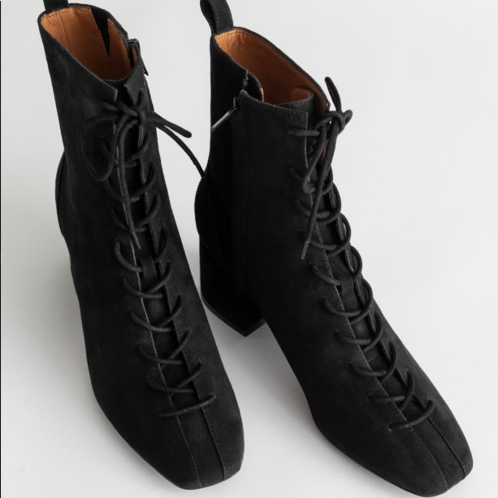 &other stories Black Suede Lace Up Ankle Boots Size 8